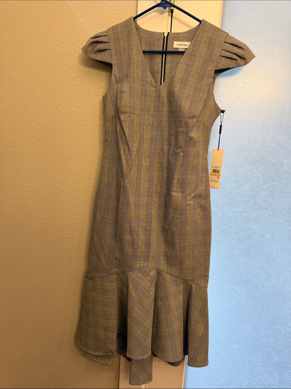 Calvin Klein Plaid Gray Cap-Sleeve High-Low Dress